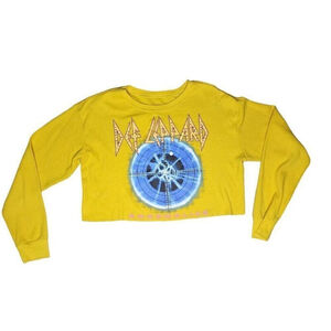 Def Leppard Women's Yellow Cropped Thermal Tee, Size M, Rock Graphic Blouse